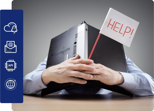 Person holding a laptop with a flag asking for help